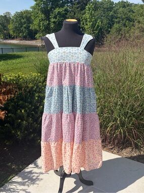 Vintage David MacG Cottagecore Floral Patchwork Tiered Cotton Midi Dress XS